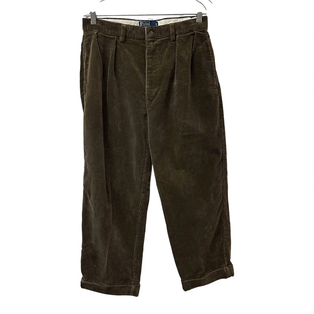 Polo Ralph Lauren Andrew Pant Mens 32 Olive Green Wide Wale Corduroy Pleated